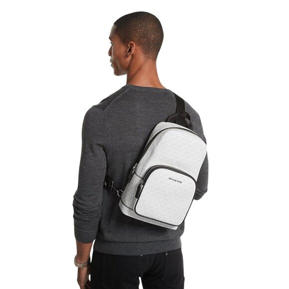 NEW Michael Kors Cooper Medium White Signature PVC Sling Backpack White Mens - Picture 1 of 6